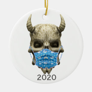 2020 Covid Demon Skull med Ansikte mask Goth Julgransprydnad Keramik
