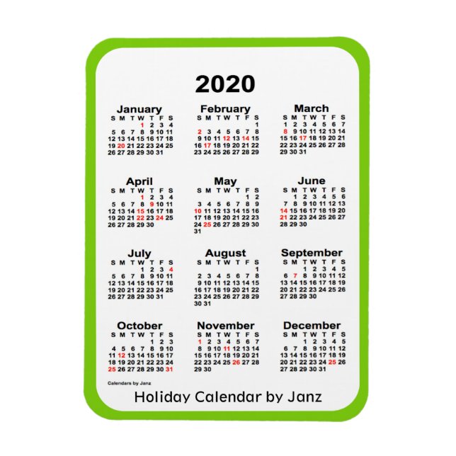2020 Helgdag Kalender från Janz Gult Grönt Magnet (Vertikal)