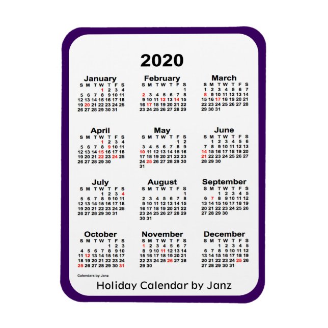 2020 Helgdag Kalender från Janz Lila Magnet (Vertikal)