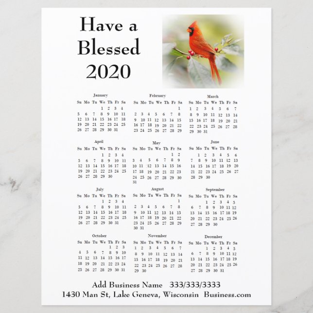 2020 - kardinal Business Calendar Flyer för kund (Framsida)
