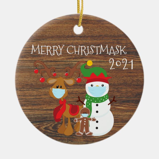 2020 Merry Christmask Reindeer Quarantine wood Julgransprydnad Keramik (Framsidan)