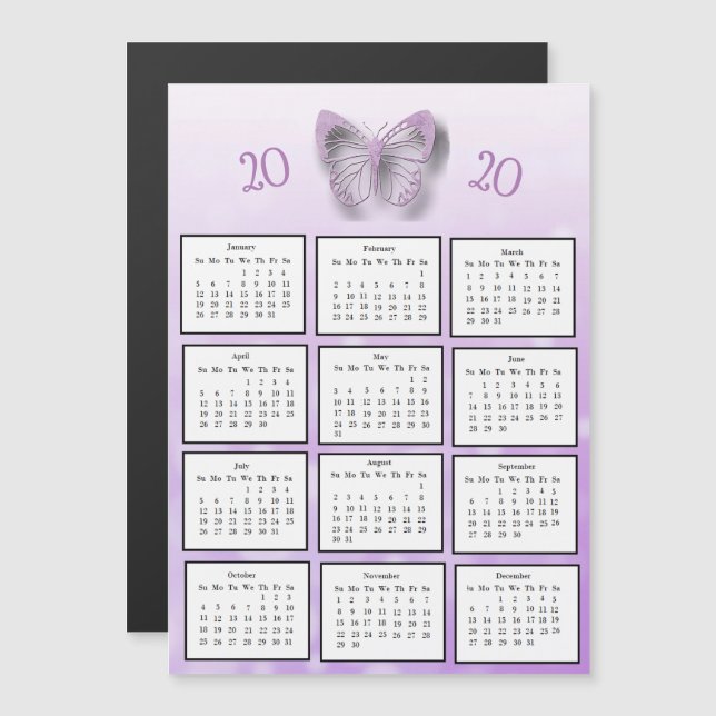 2020 Mini Calendar Lila Butterfly Magnetisk Inbjudningskort (Fram/baksida)