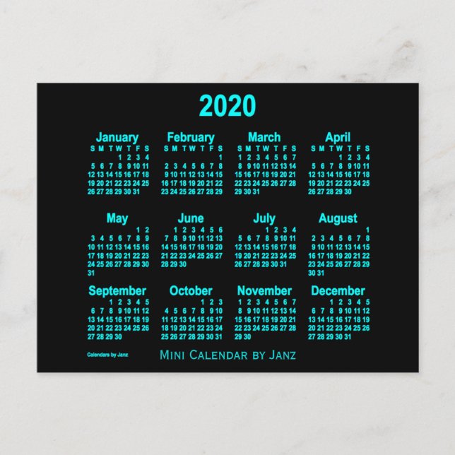 2020 Neonblå Mini Kalender av Janz Vykort (Framsida)