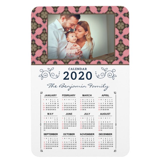 2020 Photo Personalize Rosa Mönster Calendar Magnet (Vertikal)