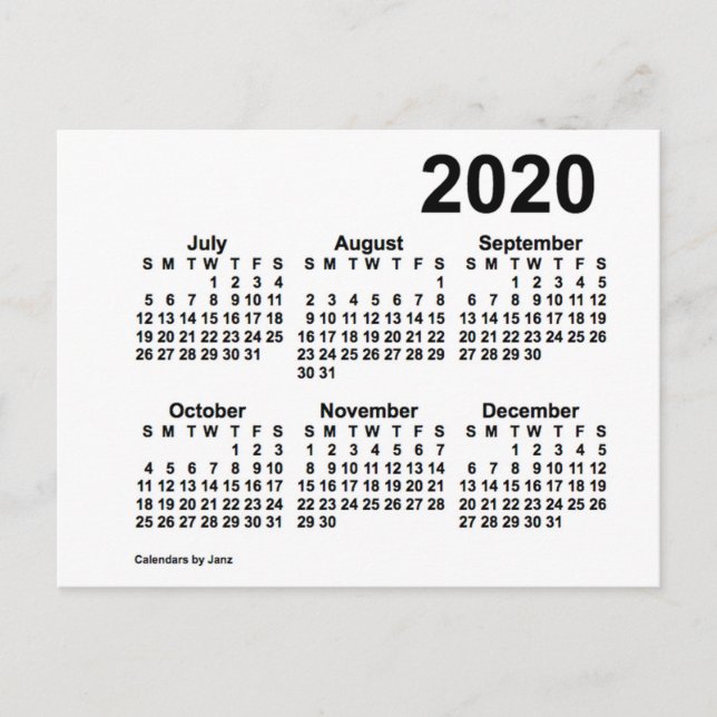 2020 Vit 6 månaders mini-kalender av Janz Vykort (Framsida)