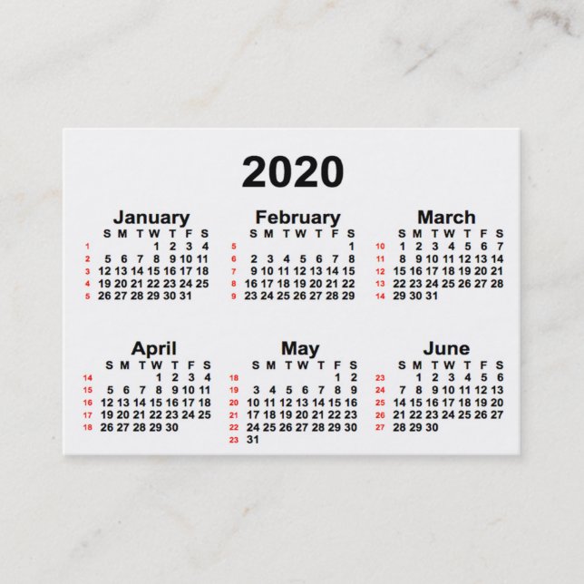 2020 Vit kalender för 52 veckor från Janz Affärsko Visitkort (Framsida)