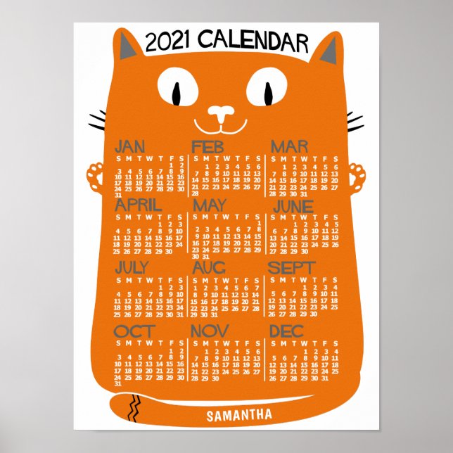 2021 År Månadskalender Mid-Century Orange Katt Poster (Framsidan)