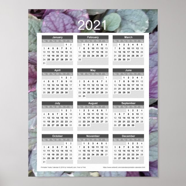 2021 Års Kalender - Lila blad Poster (Framsidan)