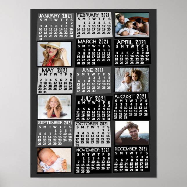2021 Års Månadskalender Foto Collage Mod Svart Poster (Framsidan)