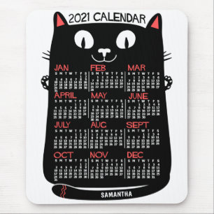 2021 års månatlig kalender för svart katt i mitten musmatta