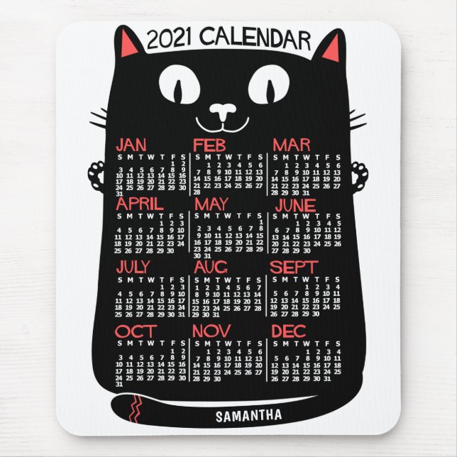 2021 års månatlig kalender för svart katt i mitten musmatta (Framsidan)