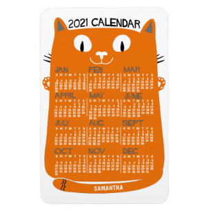 2021 års månatlig kalender Mid-Century Orange Kat Magnet