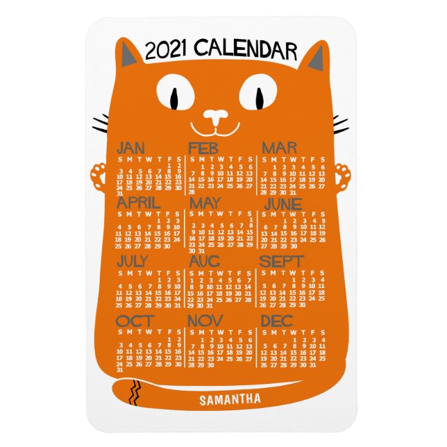2021 års månatlig kalender Mid-Century Orange Kat Magnet (Vertikal)