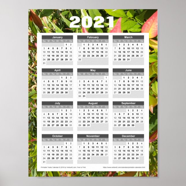 2021 års väggkalender. Grönt Löv Poster (Framsidan)