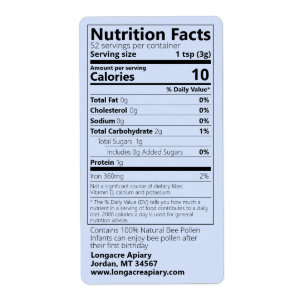 2021 Bin Pollen Nutrition Facts Blue Product Fraktsedel