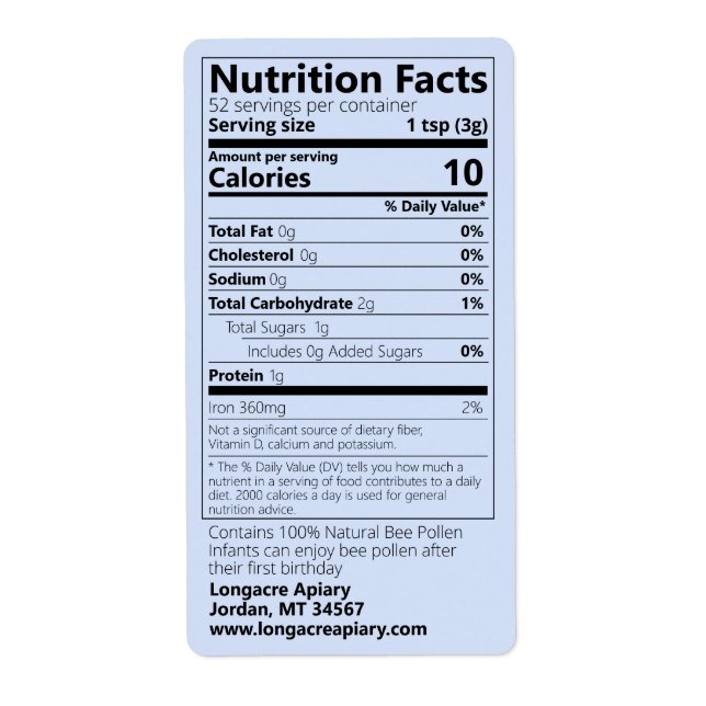 2021 Bin Pollen Nutrition Facts Blue Product Fraktsedel (Framsidan)