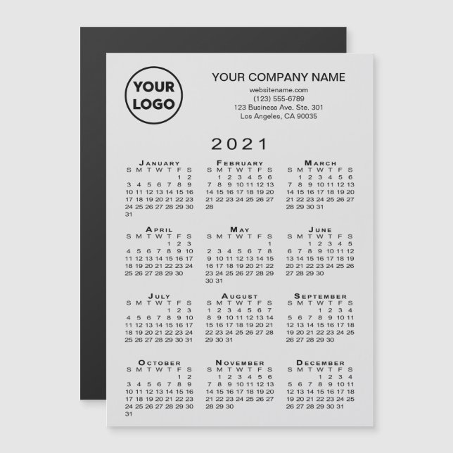 2021 Calendar Business Logotyp Text Grått Magnet C (Fram/baksida)
