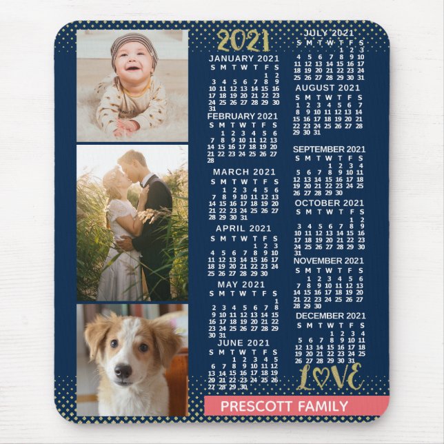 2021 Calendar Navy Coral Guld Family Photo Collage Musmatta (Framsidan)