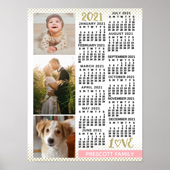 2021 Calendar  Rosa Guld Family Photo Collage Poster (Framsidan)