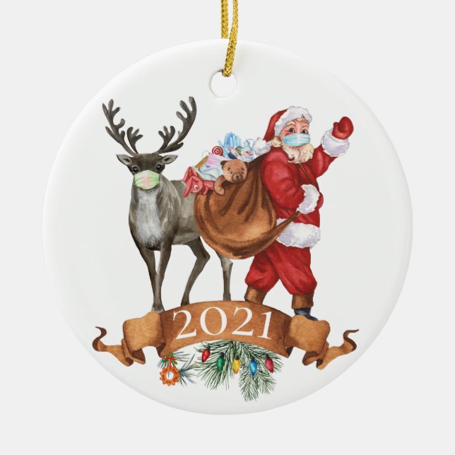 2021 Covid Santa Reindeer Vattensfärgad jul Julgransprydnad Keramik (Framsidan)