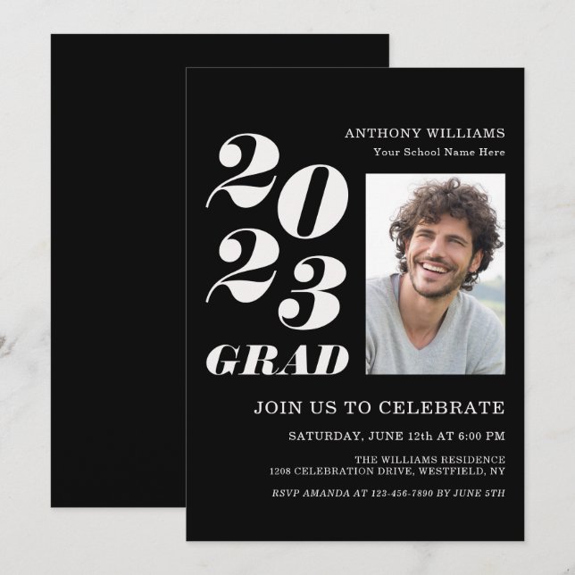 2021 Grad Party-fetstil på svart med foto Inbjudningar (Fram/baksida)