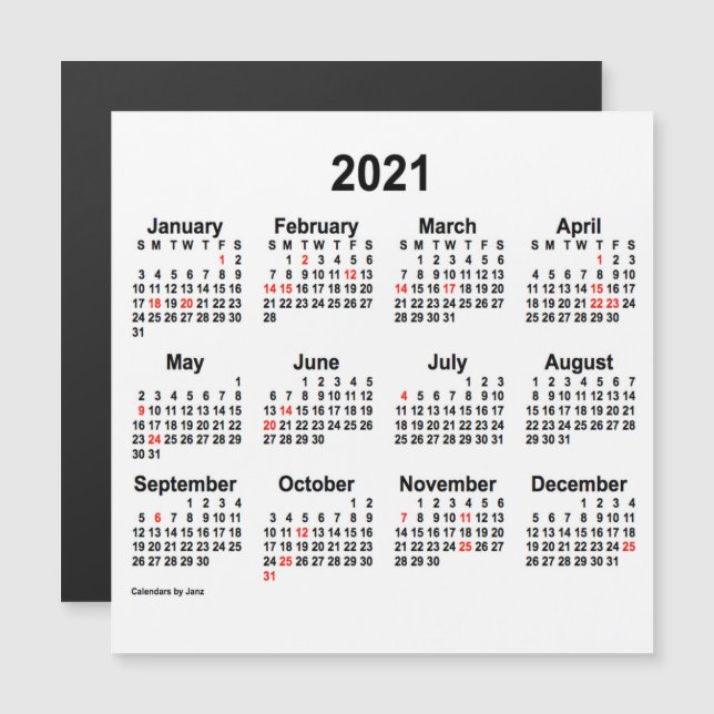 2021 Helgdag Kalender från Janz 5 x 5 Magnet (Fram/baksida)
