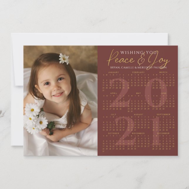 2021 Kalender Minimal PEACE JOY Foto Röd Guld Julkort (Framsida)