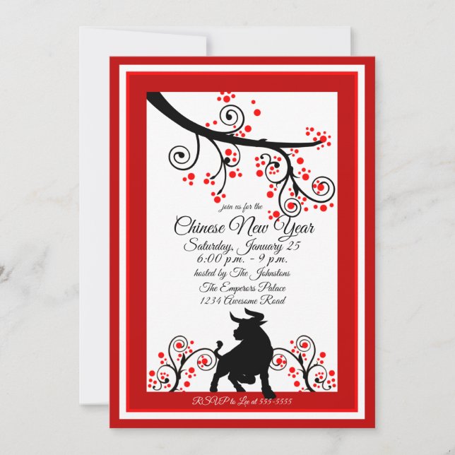 2021 Kinesiskt nyår Ox och Flower Träd Inbjudningar (Framsida)