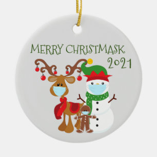 2021 Merry Christmask Reindeer Quarantine Julgransprydnad Keramik