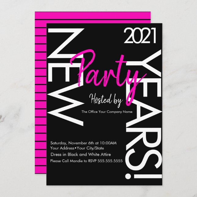 2021 Neon New Years Party Rosa White Typography Inbjudningar (Fram/baksida)
