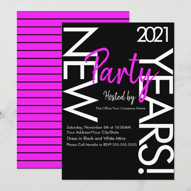2021 Neon Nyårsfest Rosa Vit Typografi Inbjudningar (Fram/baksida)