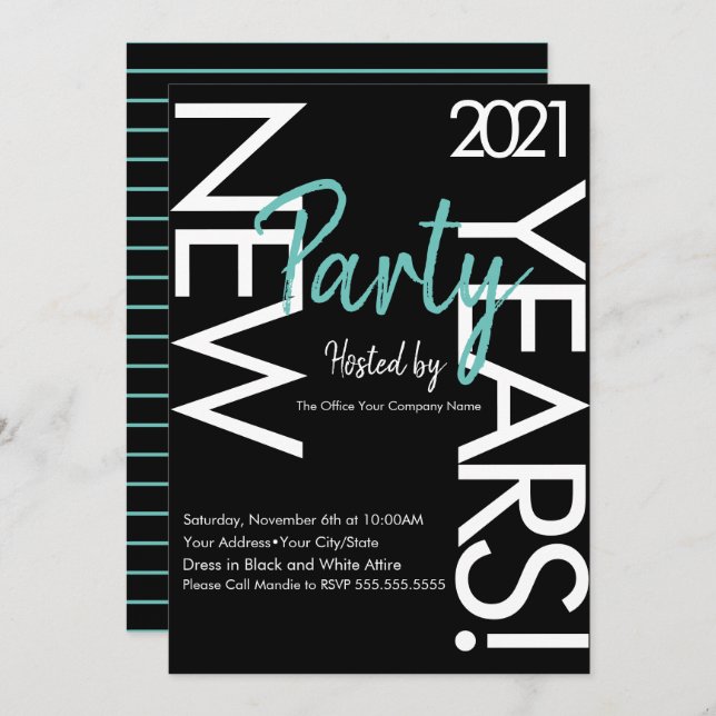 2021 New Years White Teal Typography Company Event Inbjudningar (Fram/baksida)