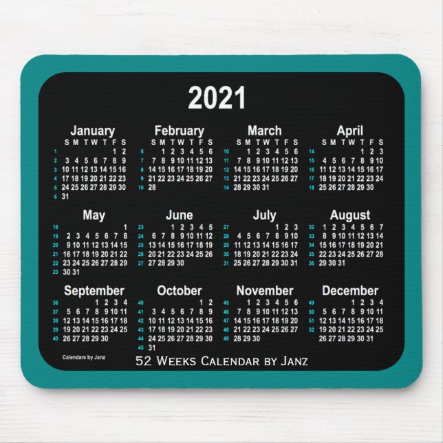 2021 Teal Neon 52 veckor Kalender från Janz Musmatta (Framsidan)
