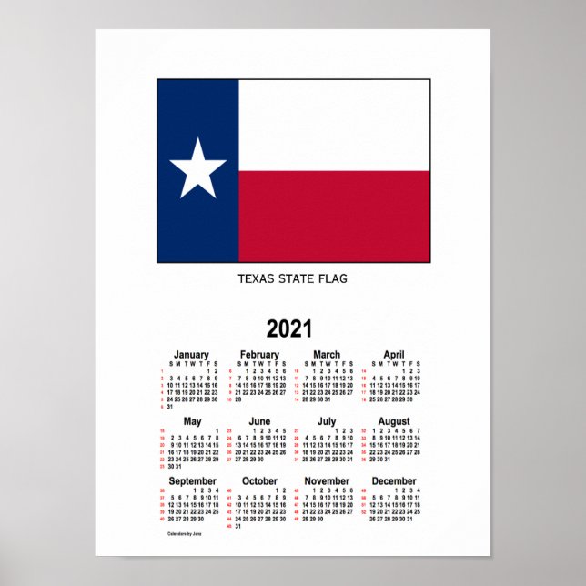 2021 Texas State Flag 52-veckors kalender av Janz Poster (Framsidan)