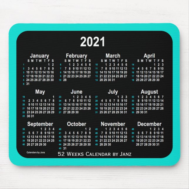 2021 Turquise Neon 52 veckor Kalender från Janz Musmatta (Framsidan)