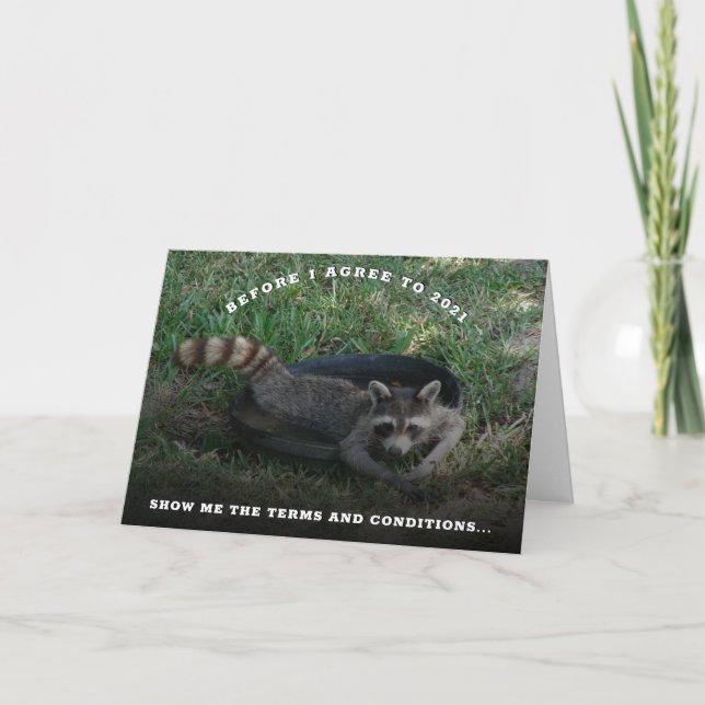 2021 Villkor och Villkor| Cute Raccoon nya år Helgkort (Framsida)