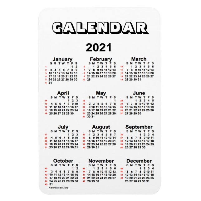 2021 Vit 52 veckors kalender från Janz 4x6 Magnet (Vertikal)