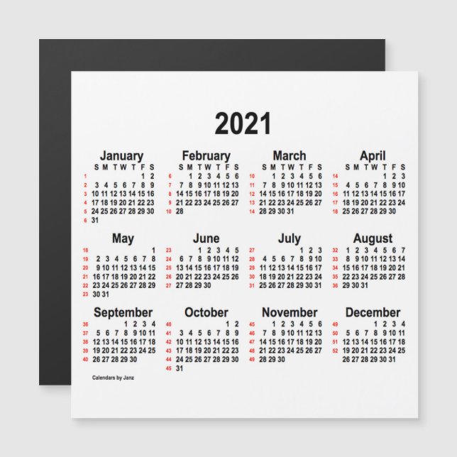 2021 Vit kalender 52 veckor från Janz 5x5 Magnet (Fram/baksida)
