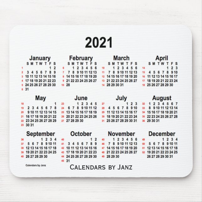 2021 Vit kalender 52 veckor från Janz Musmatta (Framsidan)