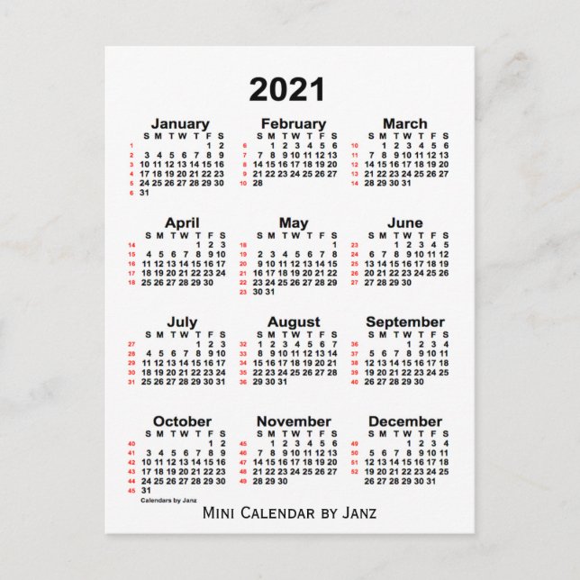 2021 Vit kalender för 52 veckor från Janz Vykort (Framsida)