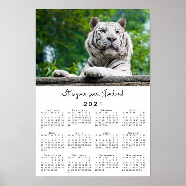 2021 Vit tiger-foto-Namn-Anpassningsbar för kalend Poster (Framsidan)