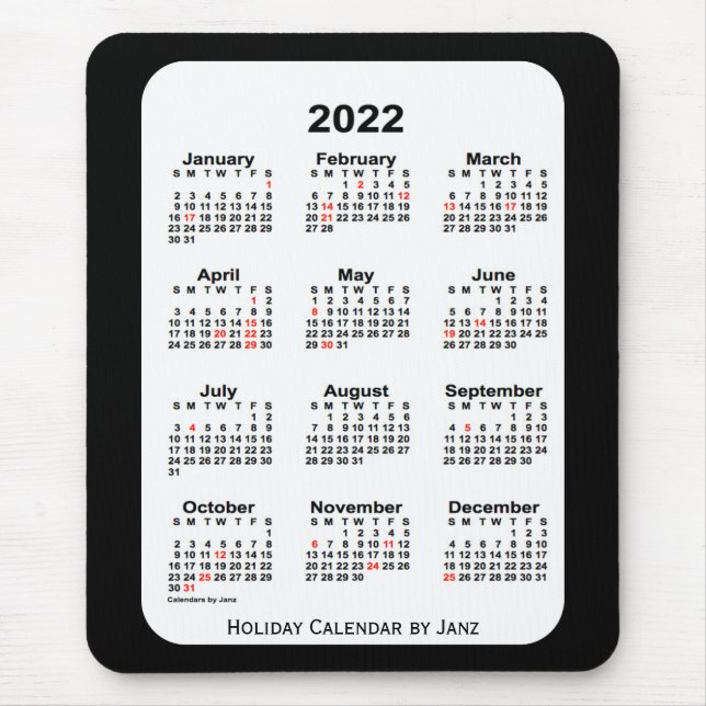 2022 års Helgdag - svart kalender från Janz Musmatta (Framsidan)