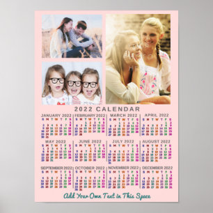 2022 Års Månadskalender Färgglad Anpassad 3 Foto Poster
