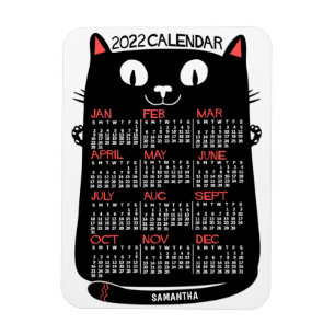 2022 års månadskalender för svart katt i mitten magnet