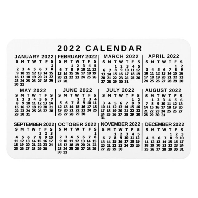 2022 års månadskalender Klassiskt vitt och svart Magnet (Horisontell)