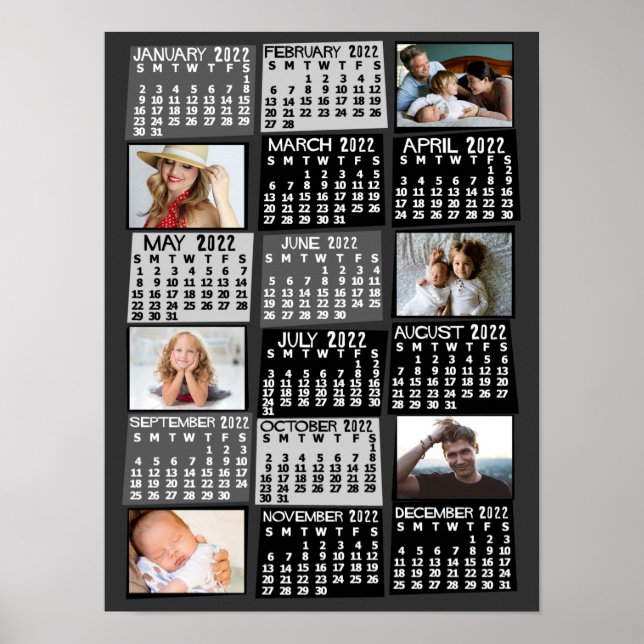 2022 Års Månatlig Kalender Foto Collage Mod Svart Poster (Framsidan)