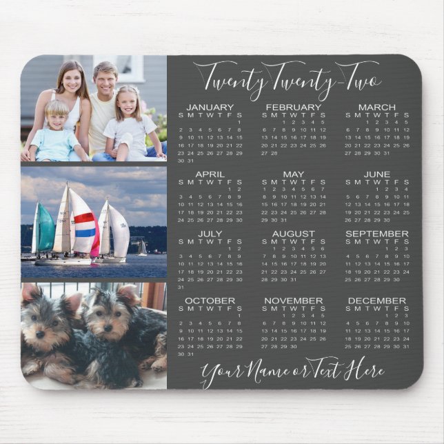 2022 Calendar 3 Photo Collage Snyggt Script Grått Musmatta (Framsidan)