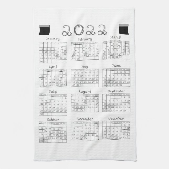 2022 Calendar Black Fabric Font Line Art Textiles Kökshandduk (Vertikal)