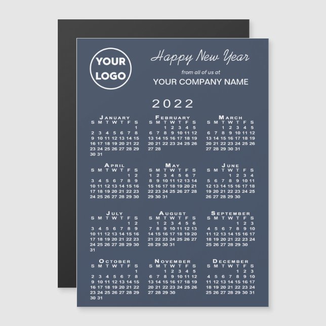 2022 Calendar Business Logotyp Navy Helgdag Magnet (Fram/baksida)
