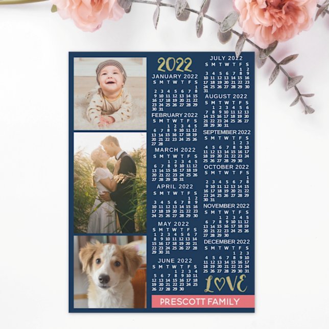 2022 Calendar Navy Coral Guld Photo Collage Magnet (Skapare uppladdad)